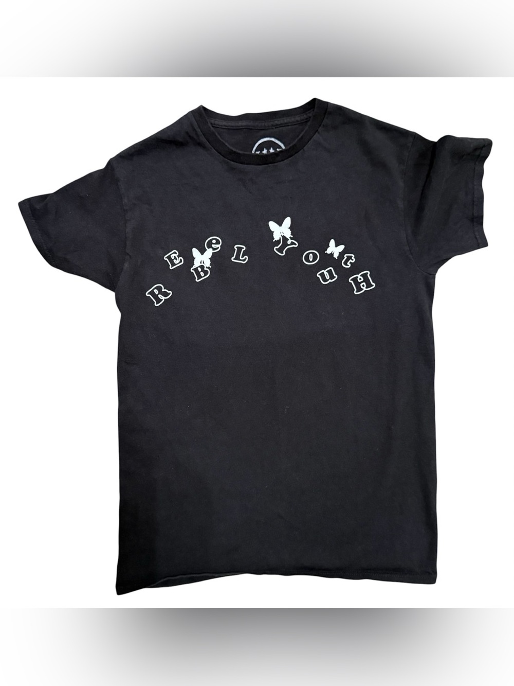 Black Graphic Crewneck Tee with Butterfly Accents